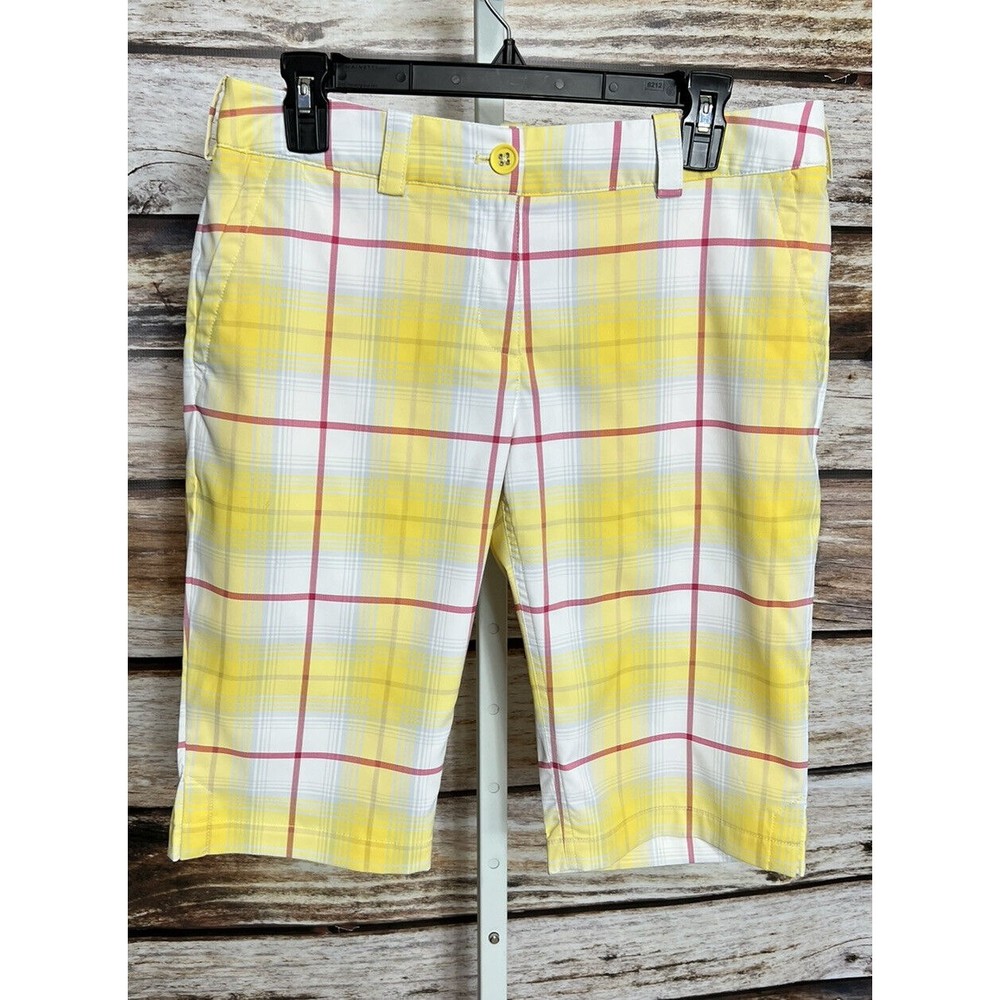 Nike Golf Bermuda Shorts Womens 8 Tour Performance Dri Fit Yellow Plaid